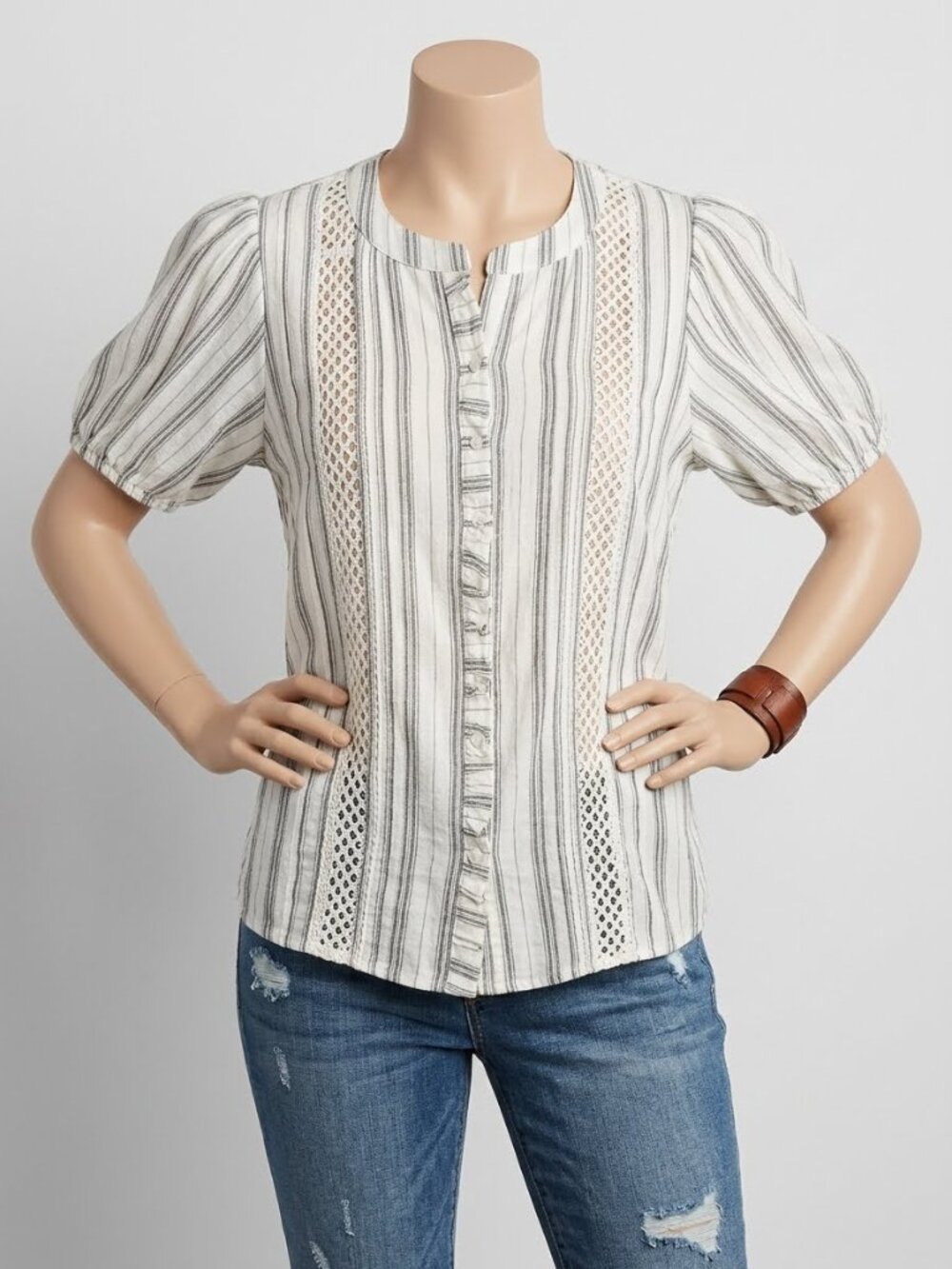 INC Striped Cotton Balloon Sleeve Crochet Boho Peasant Blouse Size Sm